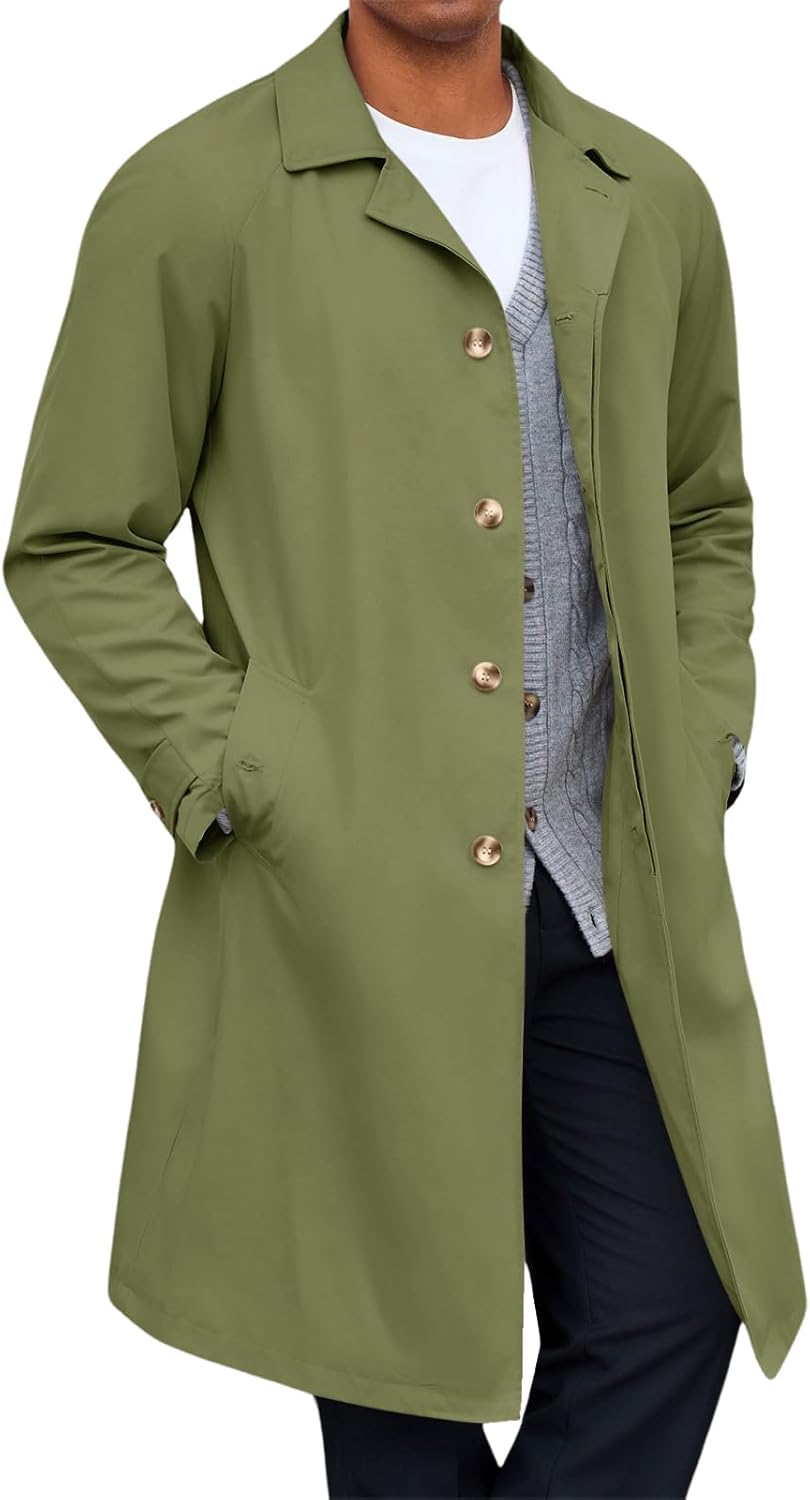mens trench coat single breasted casual slim fit windbreaker lapel lightweight long jacket overcoat
